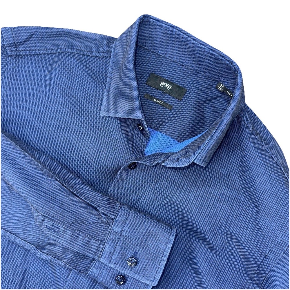 Hugo Boss Men's Jenno Slim Fit Easy Iron Blue Dress Shirt 100% Cotton Size 14.5